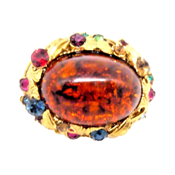 VTG SAMO 652 Signed Amber Stone Brooch w Gold Tone Leaves & Multicolor Stones - Picture 4 of 6
